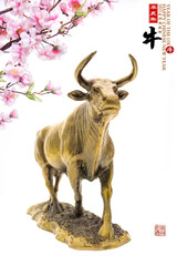 Tradition Chinese golden statue ox,2021 is year of the ox,Chinese characters translation: 