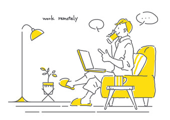 スマホで話しながら自宅で快適にテレワークする男性のおしゃれでシンプルな線画イラスト　グレー＆イエロー