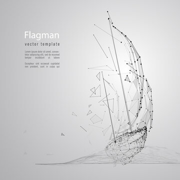 Sailboat composed of polygon. Logo concept. Low poly vector illustration. The ship consists of lines, dots and shapes