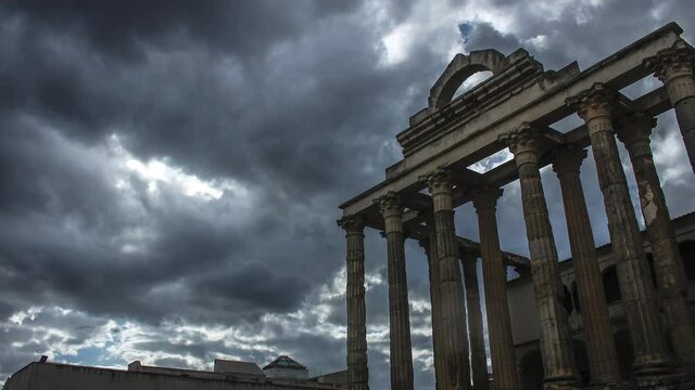 Diana&acute;s Temple in Roman city M&eacute;rida, Extremadura, Spain. Timelapse reel during cloudy day in Emerita Augusta next to Guadiana river.