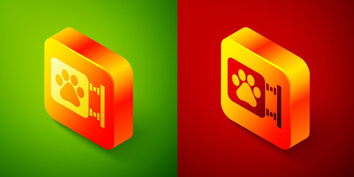 Isometric Veterinary clinic symbol icon isolated on green and red background. Cross hospital sign. A stylized paw print dog or cat. Pet First Aid sign. Square button. Vector.
