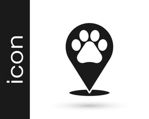 Grey Map pointer with veterinary medicine hospital, clinic or pet shop for animals icon isolated on white background. Vet or veterinarian clinic. Vector.