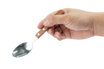 Right asian male Hand is holding a empty spoon isolated on white background.picking or selecting object something for advertising