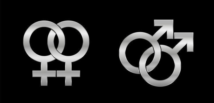 Lesbian and gay love symbols, silver emblem style, isolated vector logo illustration on black background.
