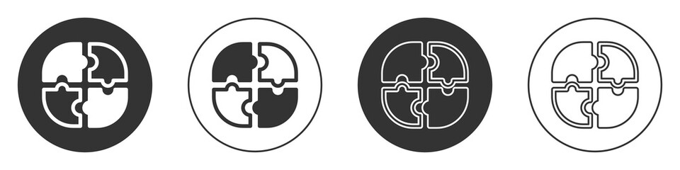 Black Piece of puzzle icon isolated on white background. Business, marketing, finance, template, layout, infographics, internet concept. Circle button. Vector.