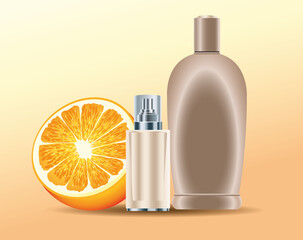 skin care bottles golden products with orange fruit
