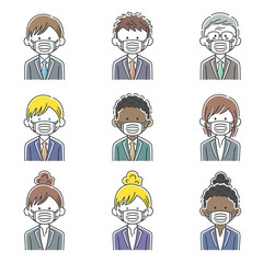 マスクをしたビジネスマンのイラストセット