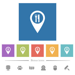 Restaurant GPS map location flat white icons in square backgrounds