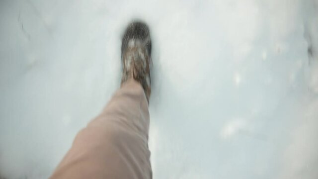 Legs Footprints In Winter Boots Walking On Snow. Adventure Vacation Hiker Hiking In Winter Exploring Destination.Man Legs Walking In Snow. Male In Snowy Weather At Cold Temperature Walking Alone.