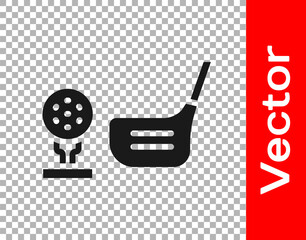 Black Golf flag and golf ball on tee icon isolated on transparent background. Golf equipment or accessory. Vector.