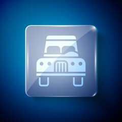 White Car icon isolated on blue background. Front view. Square glass panels. Vector.