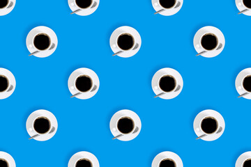 Cup of coffee seamless pattern. White cups with coffee on a bright colored background.