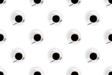 Cup of coffee seamless pattern. White cups with coffee on a bright colored background.