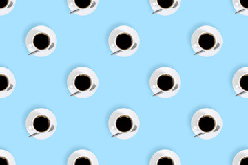 Cup of coffee seamless pattern. White cups with coffee on a bright colored background.