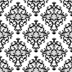 Seamless baroque style damask ornamental pattern. Hand drawn black texture on white background