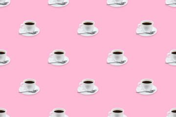 Cup of coffee seamless pattern. White cups with coffee on a bright colored background.
