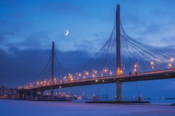 View of the Western High-Speed â€‹â€‹Bridge Diameter. Krestovsky Island. Backlit winter...
