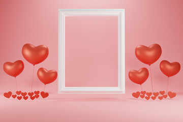 Realistic 3D Colorful Romantic Valentine Hearts in Red or Pink Background. 3D render