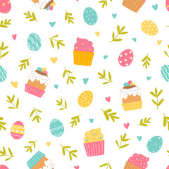 Happy Easter seamless pattern on white background. Painted eggs, branches, Easter cakes, cupcakes. Vector Illustration flat style design for invitations, prints, wrapping paper.