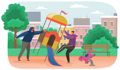 Vandals destroy a children s slide in a public park. Masked and hooded bandits destroy city property. Street gangsters and vandalism concept. Cartoon vector aggressive men smashing playground