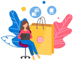 Woman with laptop is ordering goods on the internet. Girl buys international purchases online. Person chooses things on website. Female character on the background of a large package and symbols