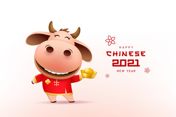 Happy Chinese new year 2021, Cute Little cow, red cheongsam dress holding chinese gold, chinese new year character zodiac cartoon, EPS 10 vector illustration