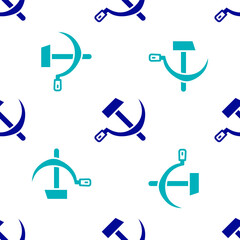 Blue Hammer and sickle USSR icon isolated seamless pattern on white background. Symbol Soviet Union. Vector.