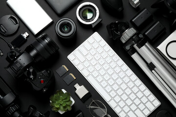 Flat lay composition with camera, video production equipment and computer keyboard on black background