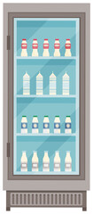 Showcase fridge for cooling dairy products. Different colored bottles and boxes in fridge. Refrigerator dispenser cooling machine with transparent glass door. Milk, yogurt, sour cream storage