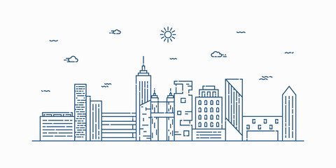 City landscape line art vector. Thin line cityscape with building, clouds, sun. Vector illustration.