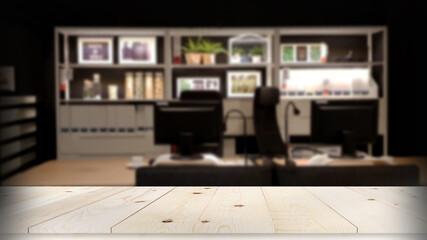 Top table on background manager office interior with dark walls, panoramic windows, a wooden floor table.