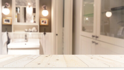 Wood tabletop on blur bathroom background, design key visual