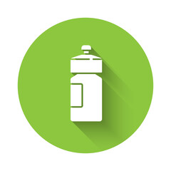 White Fitness shaker icon isolated with long shadow. Sports shaker bottle with lid for water and protein cocktails. Green circle button. Vector.