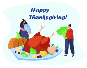 Family Turkey Dinner on Thanksgiving Day.Happy Relatives Eating Festive Thanksgiving Dinner.Fall Holiday Celebration. Annual Festive Meal.Turkey Bird with Pumpkin.Flat Vector Illustration