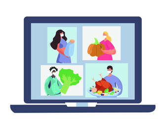 Family Turkey Online Dinner on Thanksgiving Day during Quarantine.Happy Relatives Eating Festive Thanksgiving Dinner in Coronavirus.Annual Festive Meal.Turkey Bird with Pumpkin.Vector Illustration