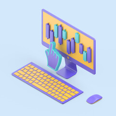 Online trading isometric 3d concept.
Online trading on stock exchange at home isometric composition with computer. Digital money market, investment, finance trading. Isometric concept stock exchang.
