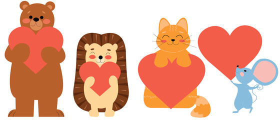 Set of cute vector flat animals: bear, hedgehog, cat,
mouse  hold hearts in their paws isolated on a white background.