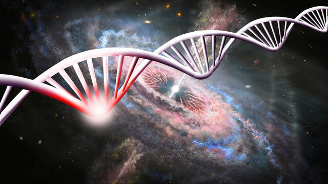 stylized DNA on the background of the starry sky. Elements of this image furnished by NASA. 3d-image