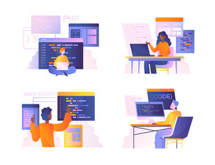 Set of diverse programmers or coders working on web development on computers. Concept of script coding and programming in different languages. Software developers. Flat cartoon vector illustration