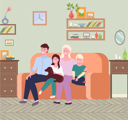 Portrait of four member family posing together smiling happy. Illustration of mother, father, sun, daughter and a dog sitting on the sofa in the room. Family portrait four members and favorite pet