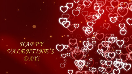 Romantic background for Valentine's day with glowing hearts and golden particles