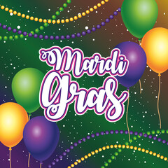 mardi gras carnival lettering with fireworks and balloons helium