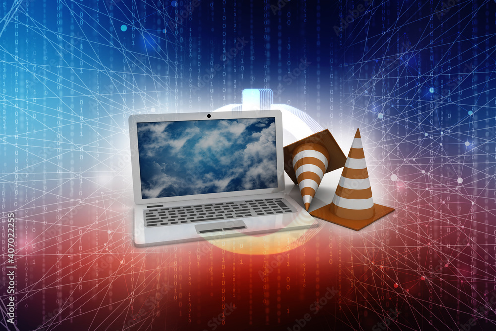 Poster 3d rendering traffic cone with website development laptop