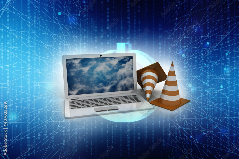 Aufkleber 3d rendering traffic cone with website development laptop