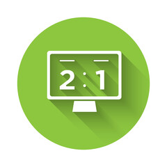 White Sport mechanical scoreboard and result display icon isolated with long shadow. Green circle button. Vector.