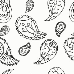 Paisley illustration on white background. Elements are in different shapes and minimalist ornaments. Designed for prints, coloring page for adults and kids.