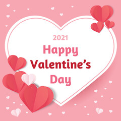 happy valentine's day in heart shape white frame Decorated with red and pink hearts in papercut pattern. On a pink background Vector illustration.