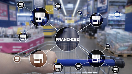 Franchise lettering on blurred warehouse background. Marketing system.