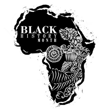 An abstract illustration of the African continent for Black History Month with brush strokes in flag colors on a black grunge background