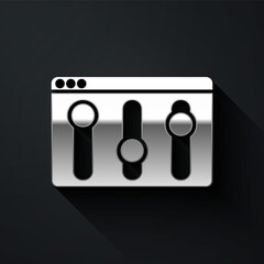 Silver Browser setting icon isolated on black background. Adjusting, service, maintenance, repair, fixing. Long shadow style. Vector.